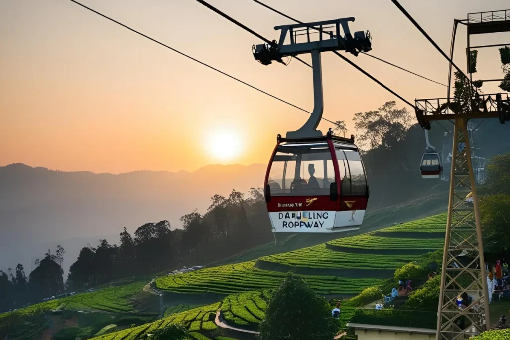 Sunset view from the Darjeeling Ropeway, with the sky glowing in orange and pink hues over the hills.